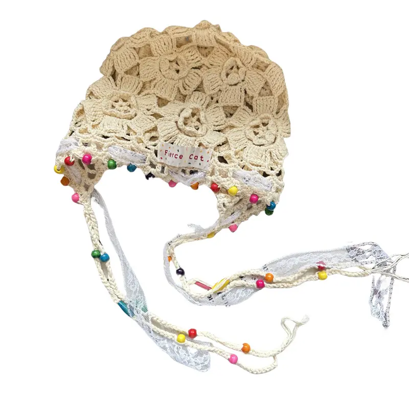 New Color Wooden Bead Tassel Knitted Hat for Women, Handmade Woven Hat, Thin Cut Hollow Ethnic Style Toe Cap