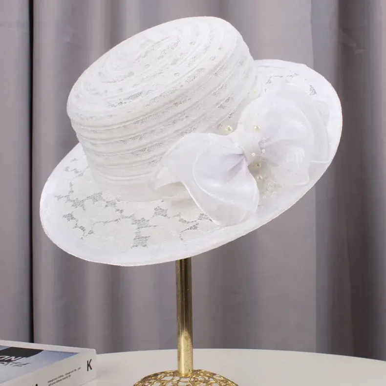 Summer Beige Top hat For Women French Retro Fashion Flat Top Straw Hat Breathable Lace flat Eave Sun Protection And Sunshade Hat