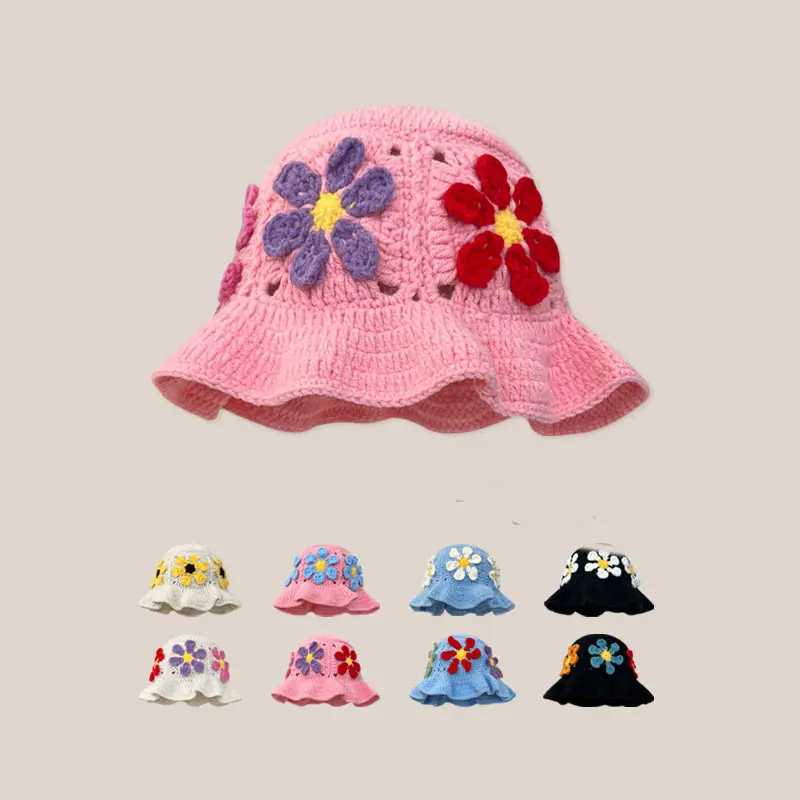 Autumn and Winter Vintage Flower Knitted Hat Versatile Hand Woven Hollow Head Cap Ethnic Style Head Cap Knitted Hat
