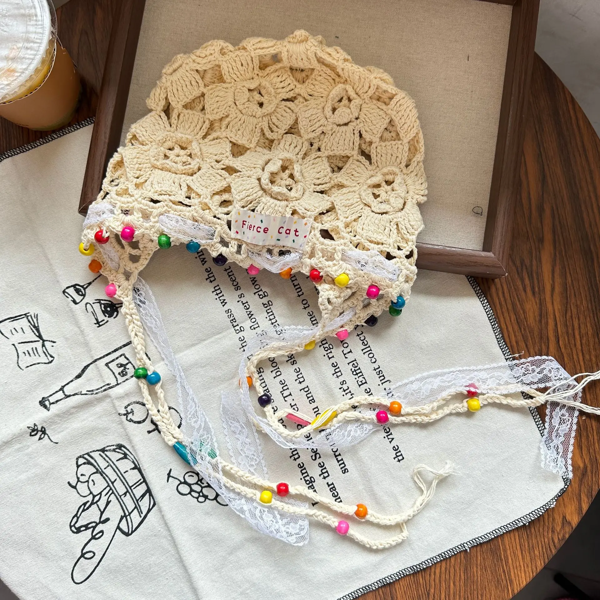 New Color Wooden Bead Tassel Knitted Hat for Women, Handmade Woven Hat, Thin Cut Hollow Ethnic Style Toe Cap