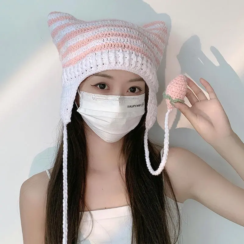 Cute Cat Ear Handmade Hat with Ear Protection, Striped Insulation Cover, Knitted Ball Ball and Yarn Hat