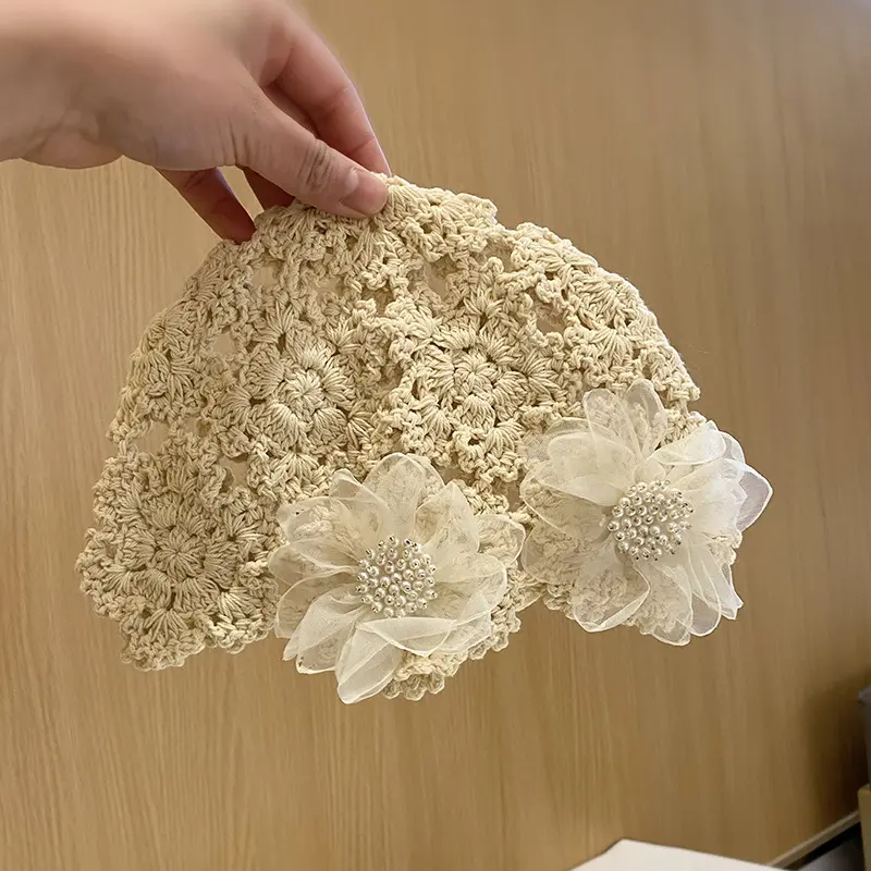 Japanese Elegant Floral Pullover Hat, Hand Crocheted Hollow Toe Cap, Versatile For Spring And Summer, With A Sticker Cap