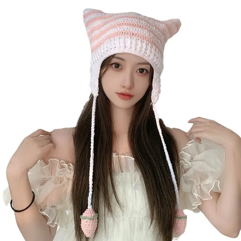 Cute Cat Ear Handmade Hat with Ear Protection, Striped Insulation Cover, Knitted Ball Ball and Yarn Hat