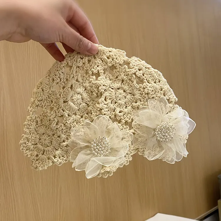 Japanese Elegant Floral Pullover Hat, Hand Crocheted Hollow Toe Cap, Versatile For Spring And Summer, With A Sticker Cap