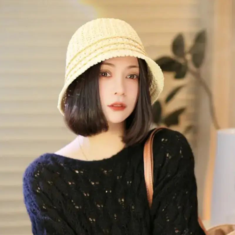 Korean Thin Woven Stylish Fisherman Hat for Women in Spring And Summer, Small And Casual, Versatile Hollow Knitted Basin Hat