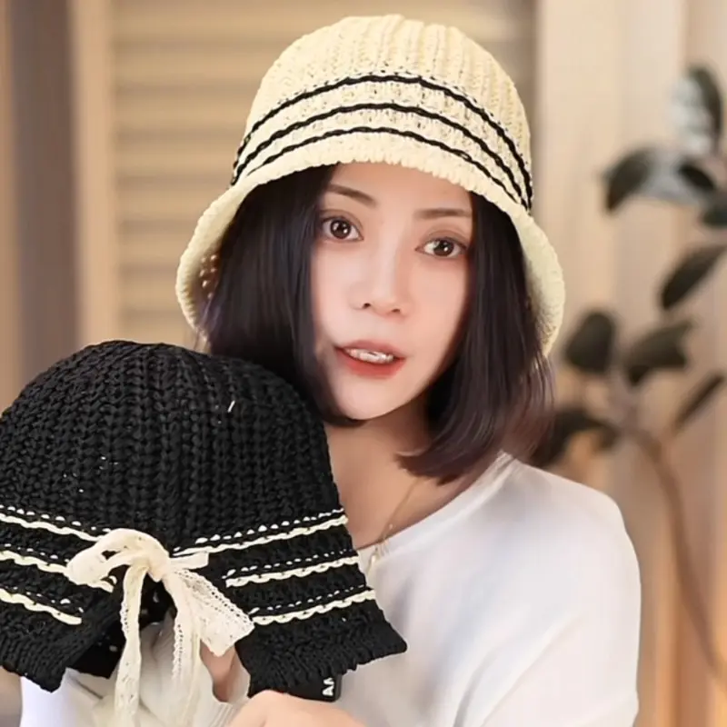 Korean Thin Woven Stylish Fisherman Hat for Women in Spring And Summer, Small And Casual, Versatile Hollow Knitted Basin Hat