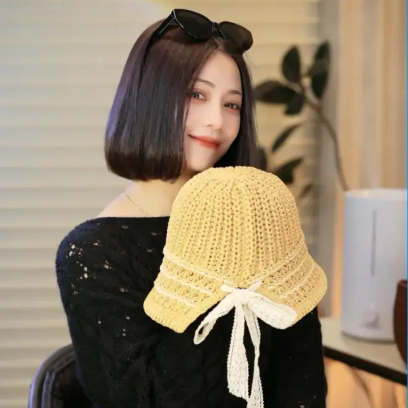 Korean Thin Woven Stylish Fisherman Hat for Women in Spring And Summer, Small And Casual, Versatile Hollow Knitted Basin Hat