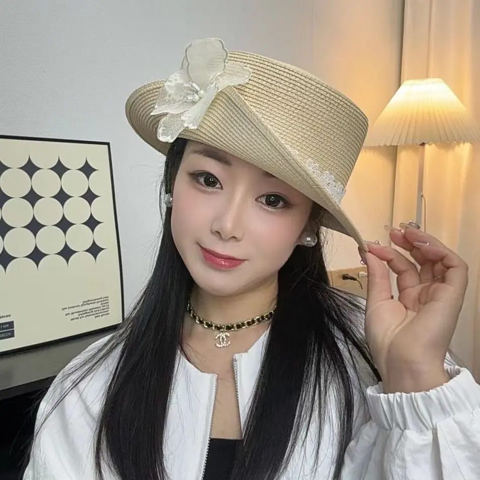 French Flat Top Hat for Women's Spring and Summer New Lace Lace Lace Sun Hat for Travel, Vacation, Beach Sun Protection, Sun Hat