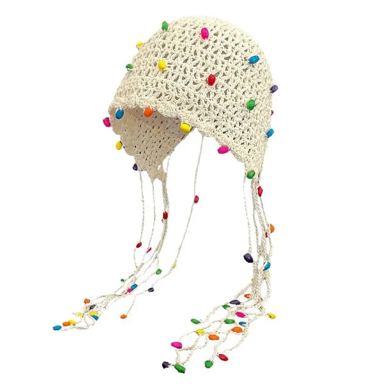 Colored Bead Tassel Toe Cap for Women, Hollowed Out Pullover Cap, Ethnic Style Handmade Crochet Hat