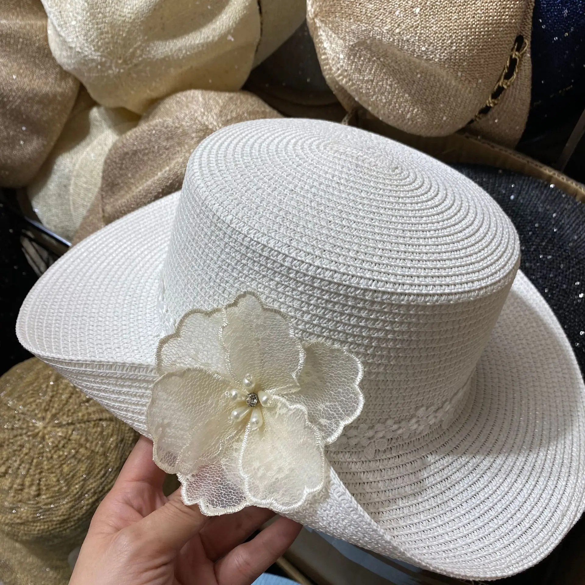 French Flat Top Hat for Women's Spring and Summer New Lace Lace Lace Sun Hat for Travel, Vacation, Beach Sun Protection, Sun Hat