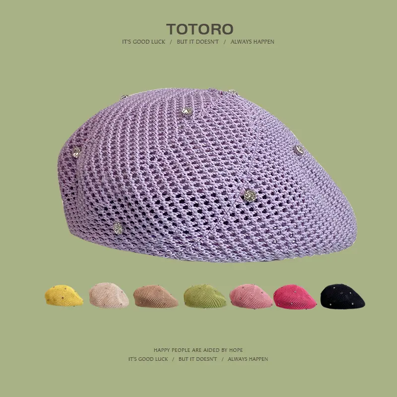 Water Diamond Beret Women's Spring and Summer Travel Versatile Hollow Cotton Yarn Knitted Painter's Hat Pumpkin Hat