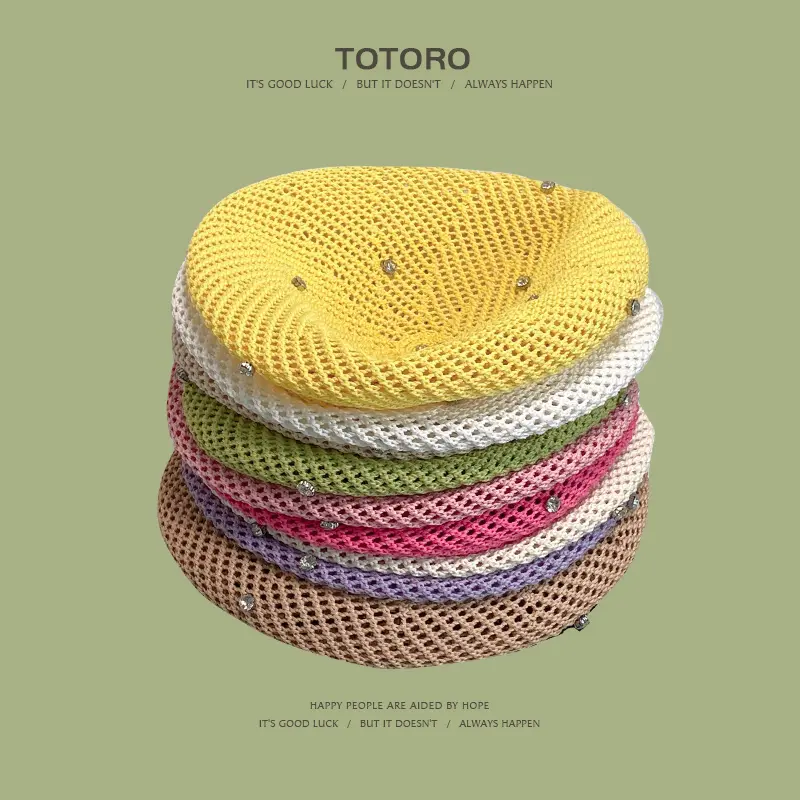 Water Diamond Beret Women's Spring and Summer Travel Versatile Hollow Cotton Yarn Knitted Painter's Hat Pumpkin Hat