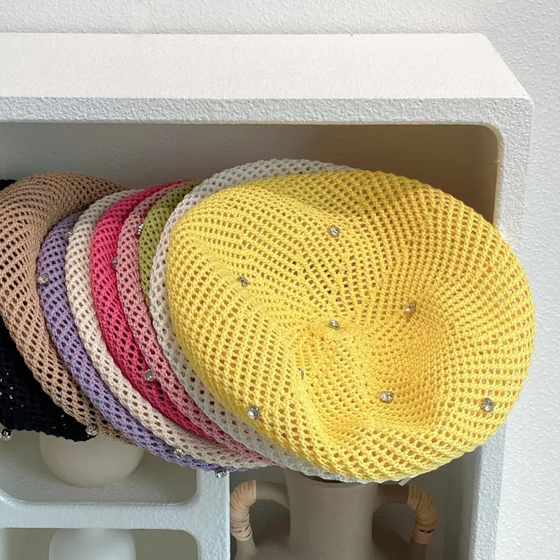 Water Diamond Beret Women's Spring and Summer Travel Versatile Hollow Cotton Yarn Knitted Painter's Hat Pumpkin Hat