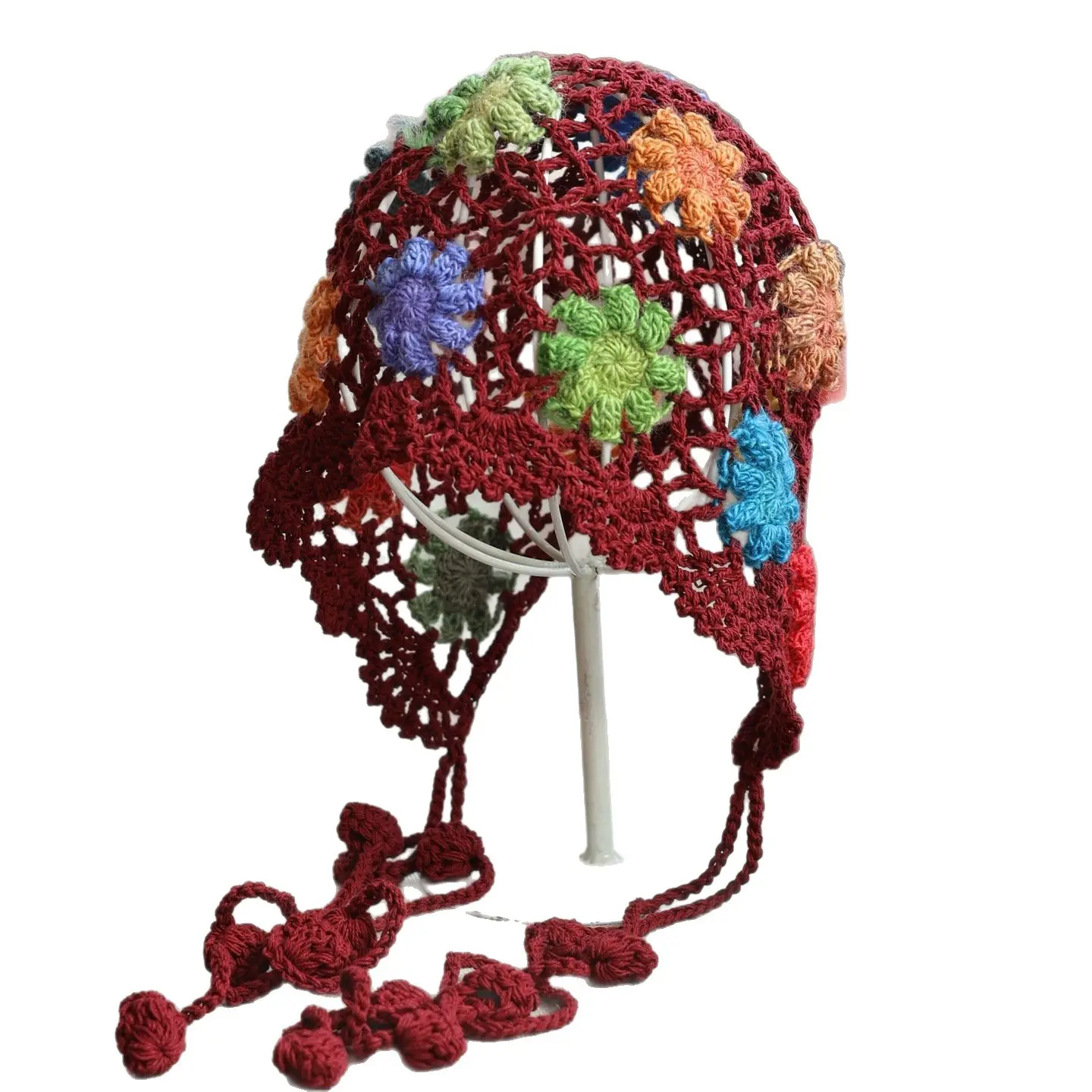 Fashionable Handmade Ethnic Style Colorful Crochet Braid Sweet Knitted Hat with Hollow and Elegant Toe Cap