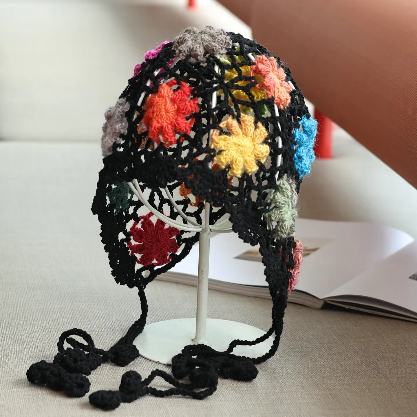 Fashionable Handmade Ethnic Style Colorful Crochet Braid Sweet Knitted Hat with Hollow and Elegant Toe Cap