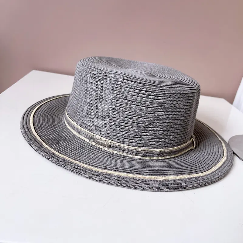 Japanese Contrasting Striped Flat Top Hat, Summer Sun Protection Straw Hat, Beach Vacation Flat Edge Hat, Beach Sun Hat