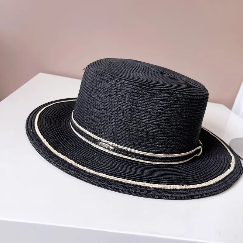 Japanese Contrasting Striped Flat Top Hat, Summer Sun Protection Straw Hat, Beach Vacation Flat Edge Hat, Beach Sun Hat