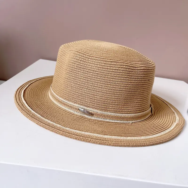 Japanese Contrasting Striped Flat Top Hat, Summer Sun Protection Straw Hat, Beach Vacation Flat Edge Hat, Beach Sun Hat