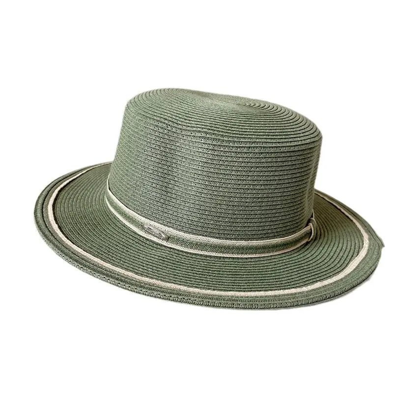 Japanese Contrasting Striped Flat Top Hat, Summer Sun Protection Straw Hat, Beach Vacation Flat Edge Hat, Beach Sun Hat
