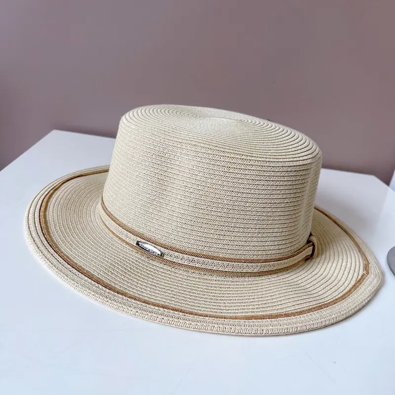 Japanese Contrasting Striped Flat Top Hat, Summer Sun Protection Straw Hat, Beach Vacation Flat Edge Hat, Beach Sun Hat