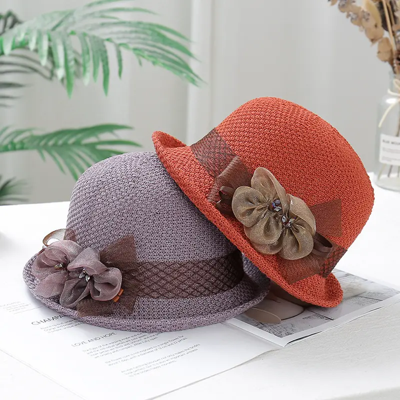 Summer New Flip up Small Round Hat Korean Edition Leisure Beach Sunshade Hat Temperament Grass Hat Ribbon Flower Top Hat