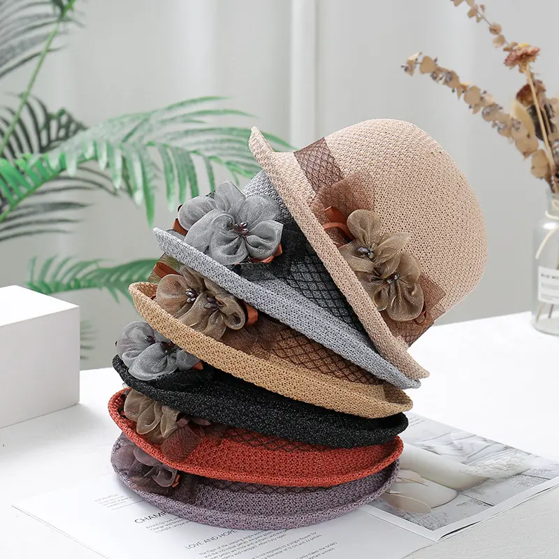 Summer New Flip up Small Round Hat Korean Edition Leisure Beach Sunshade Hat Temperament Grass Hat Ribbon Flower Top Hat