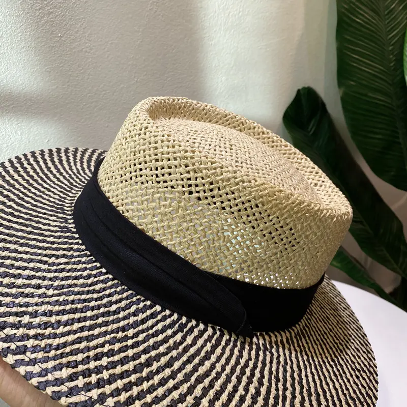 French Retro Color Blocked Flat Top Hat For Spring and Summer Sun Shading, Beach Hat For Travel And Vacation, Straw Hat