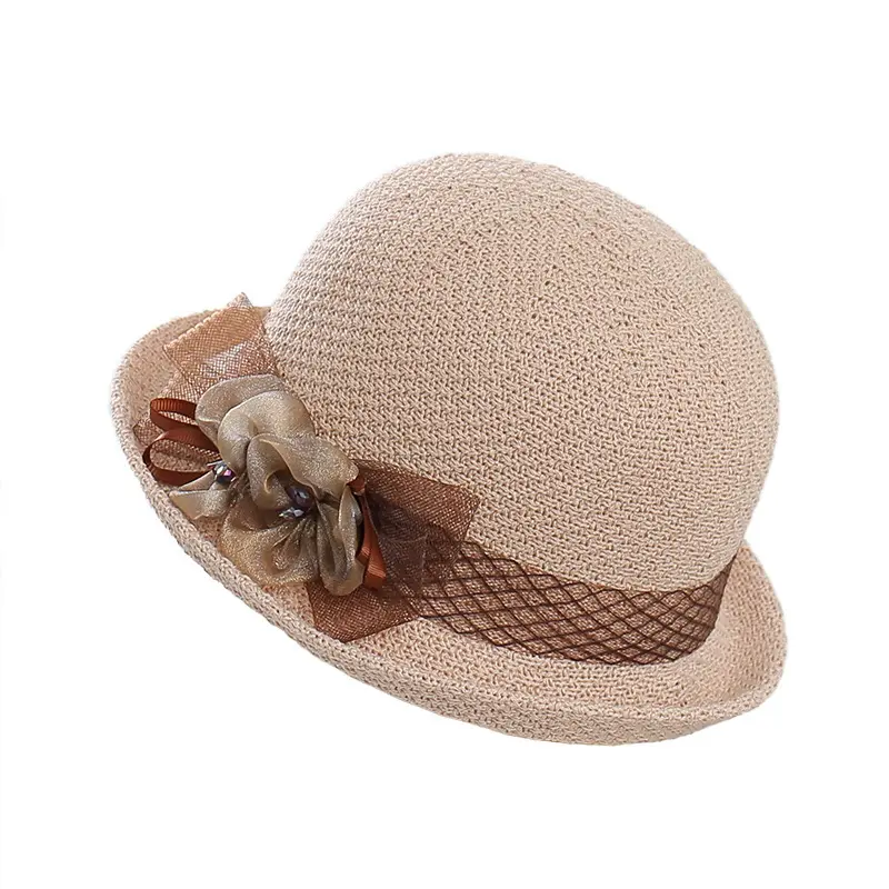 Summer New Flip up Small Round Hat Korean Edition Leisure Beach Sunshade Hat Temperament Grass Hat Ribbon Flower Top Hat