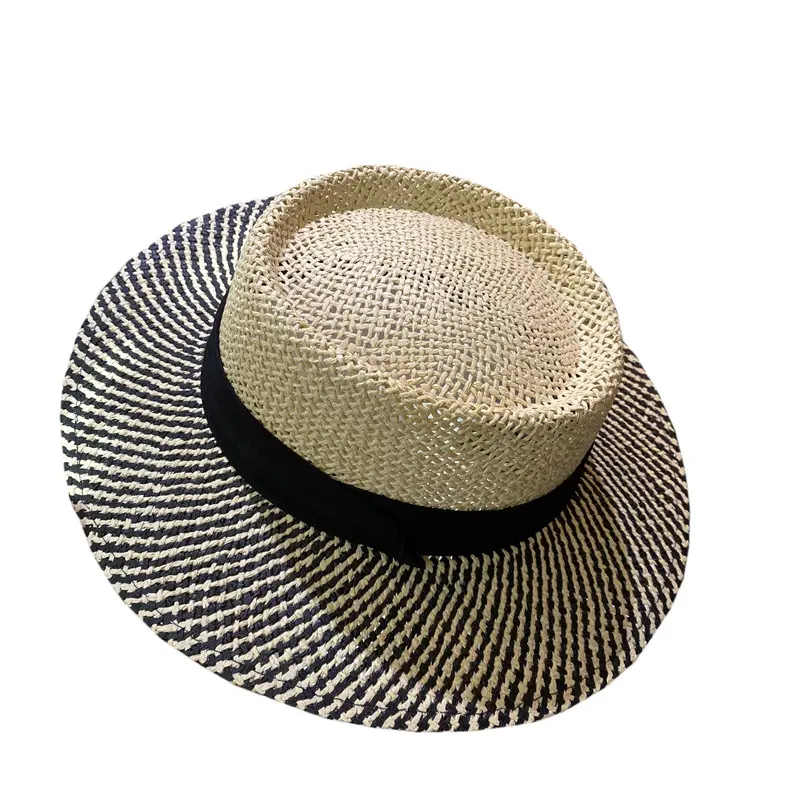 French Retro Color Blocked Flat Top Hat For Spring and Summer Sun Shading, Beach Hat For Travel And Vacation, Straw Hat