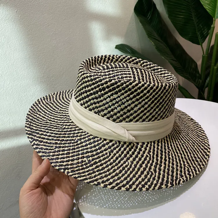 French Retro Color Blocked Flat Top Hat For Spring and Summer Sun Shading, Beach Hat For Travel And Vacation, Straw Hat