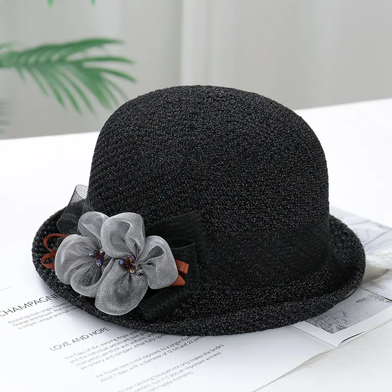 Summer New Flip up Small Round Hat Korean Edition Leisure Beach Sunshade Hat Temperament Grass Hat Ribbon Flower Top Hat