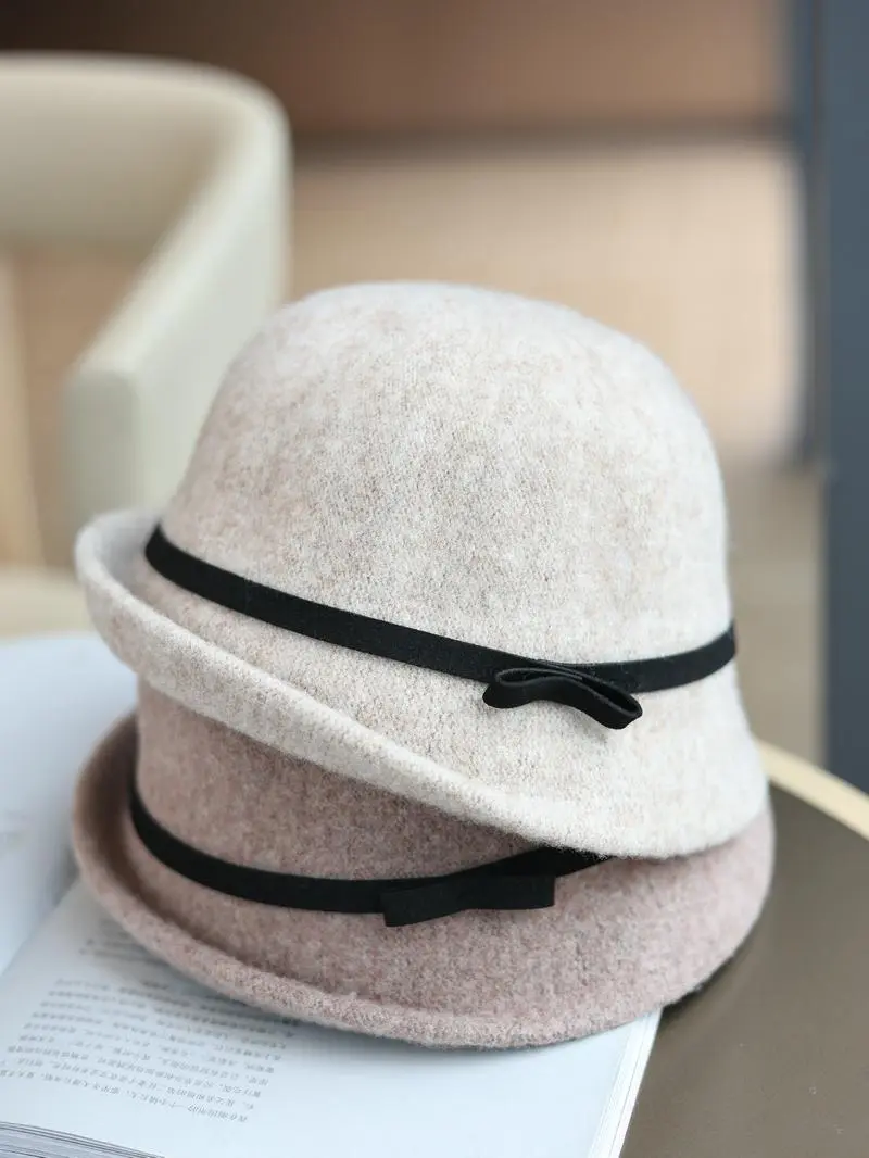 Japanese Bow Woven Fishing Hat With Upturned Edges, Elegant Autumn And Winter Wool Blend Vintage Versatile Basin Hat