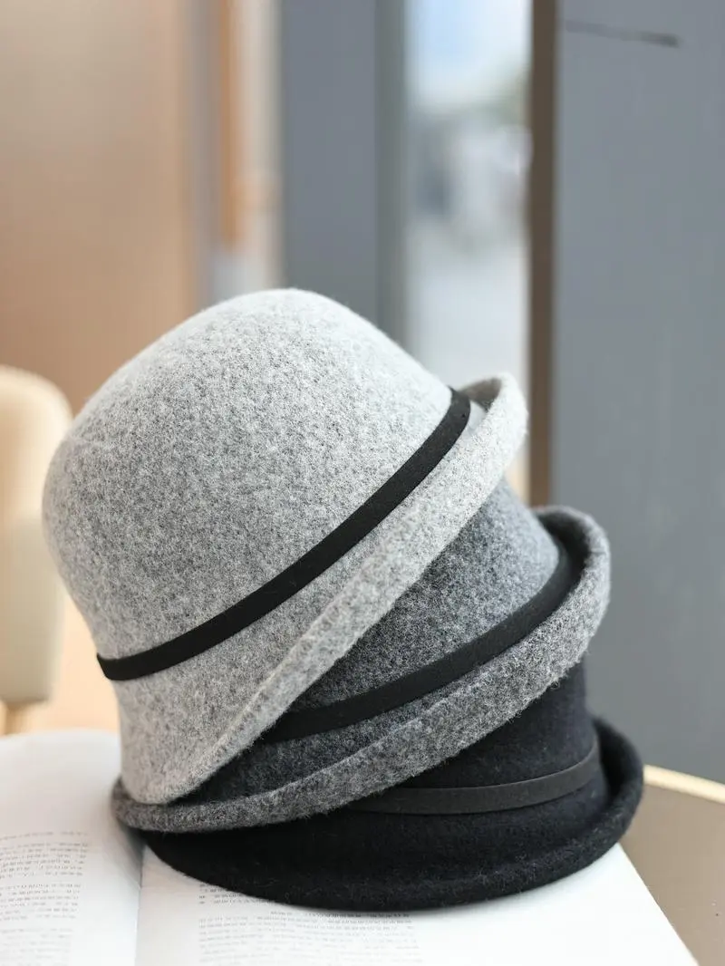 Japanese Bow Woven Fishing Hat With Upturned Edges, Elegant Autumn And Winter Wool Blend Vintage Versatile Basin Hat
