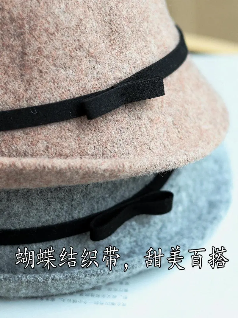 Japanese Bow Woven Fishing Hat With Upturned Edges, Elegant Autumn And Winter Wool Blend Vintage Versatile Basin Hat