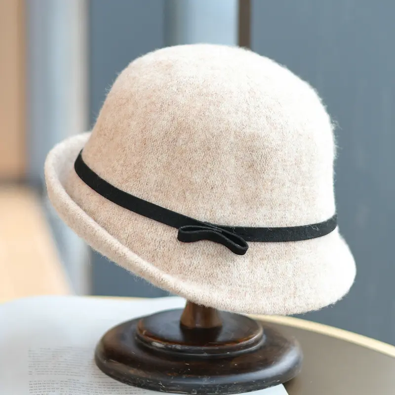 Japanese Bow Woven Fishing Hat With Upturned Edges, Elegant Autumn And Winter Wool Blend Vintage Versatile Basin Hat