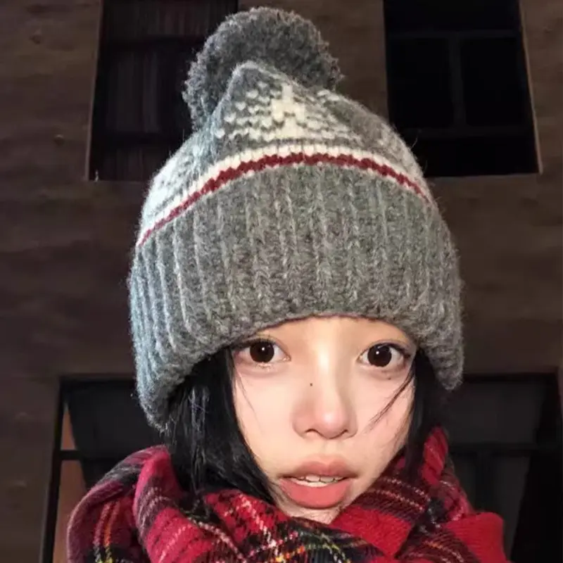 2024 New Retro Hairball Knitted Hat Red Christmas Winter Warm Knitted Hat Cold Hat Snow Hat
