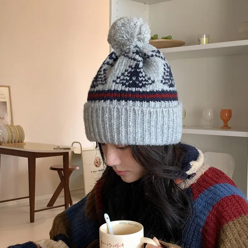 2024 New Retro Hairball Knitted Hat Red Christmas Winter Warm Knitted Hat Cold Hat Snow Hat