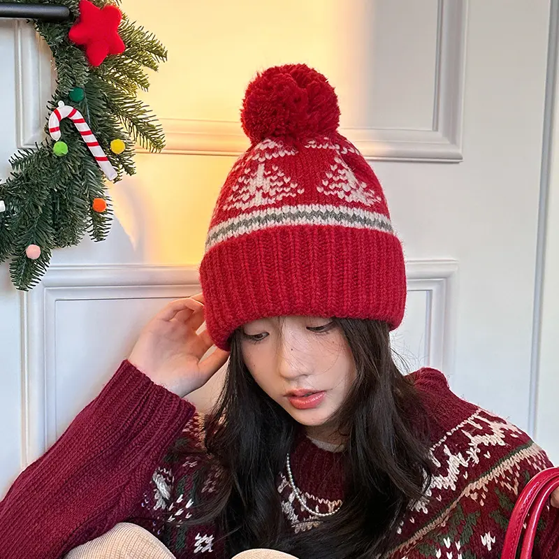 2024 New Retro Hairball Knitted Hat Red Christmas Winter Warm Knitted Hat Cold Hat Snow Hat