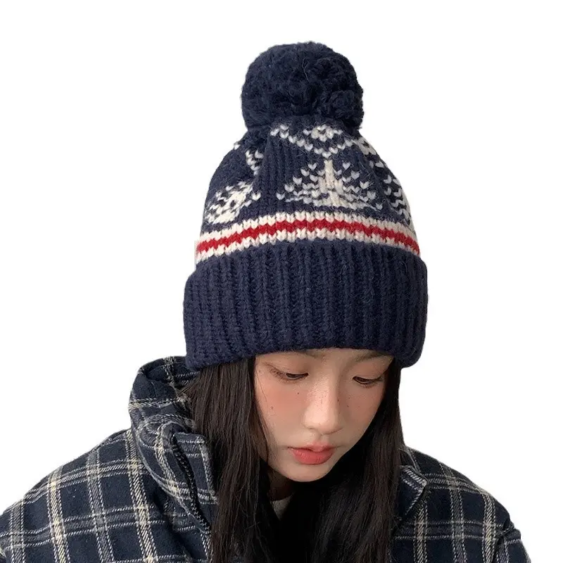 2024 New Retro Hairball Knitted Hat Red Christmas Winter Warm Knitted Hat Cold Hat Snow Hat
