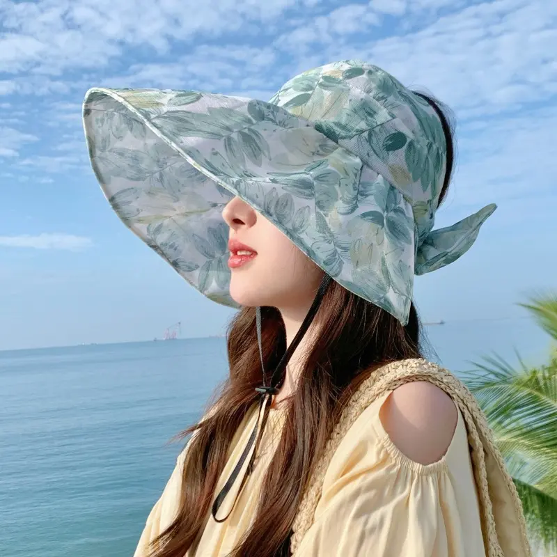 Summer Women's UV resistant Half Top Sunscreen Hat Windproof Foldable Outdoor Travel Flower Sun Hat