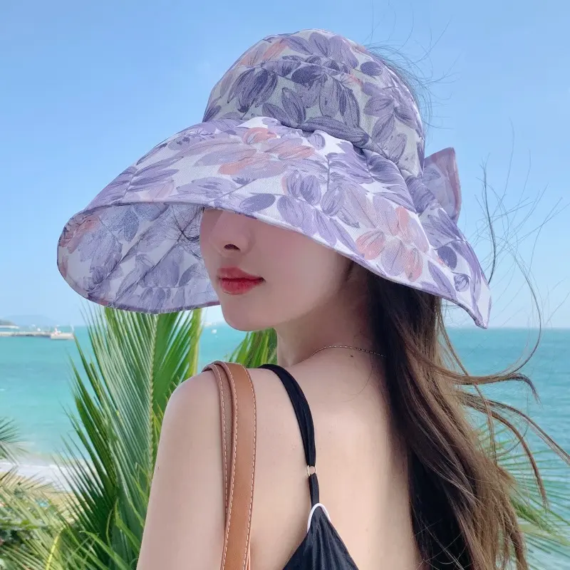 Summer Women's UV resistant Half Top Sunscreen Hat Windproof Foldable Outdoor Travel Flower Sun Hat