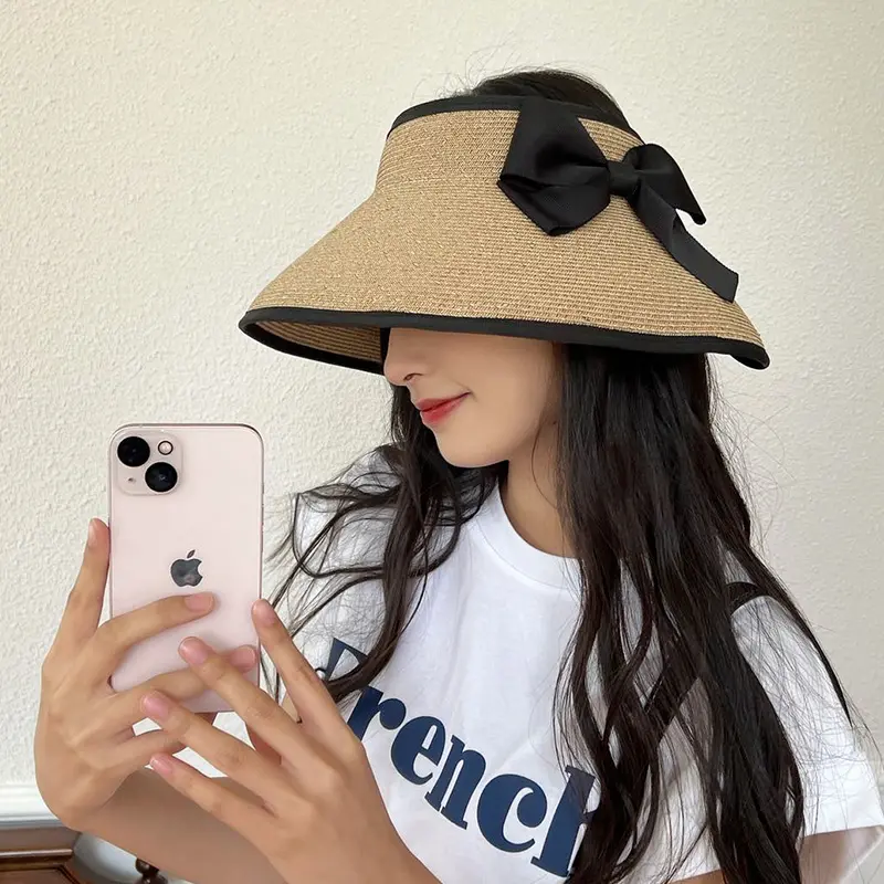 Foldable Japanese UV Resistant Large Eave Sunroof Hat with Butterfly Bow Grass Hat, Women's Summer Grass Woven Sun Hat