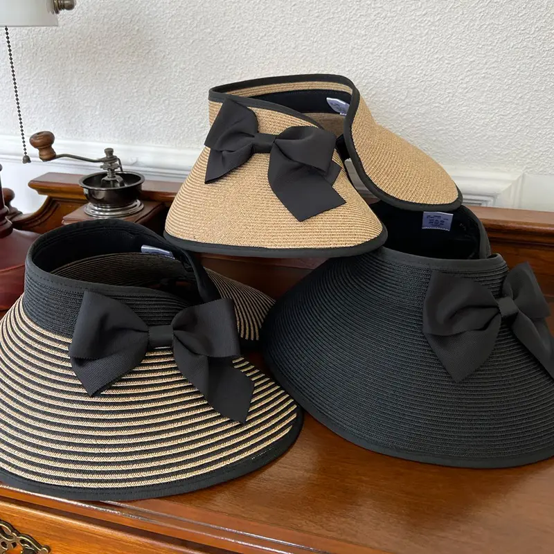 Foldable Japanese UV Resistant Large Eave Sunroof Hat with Butterfly Bow Grass Hat, Women's Summer Grass Woven Sun Hat