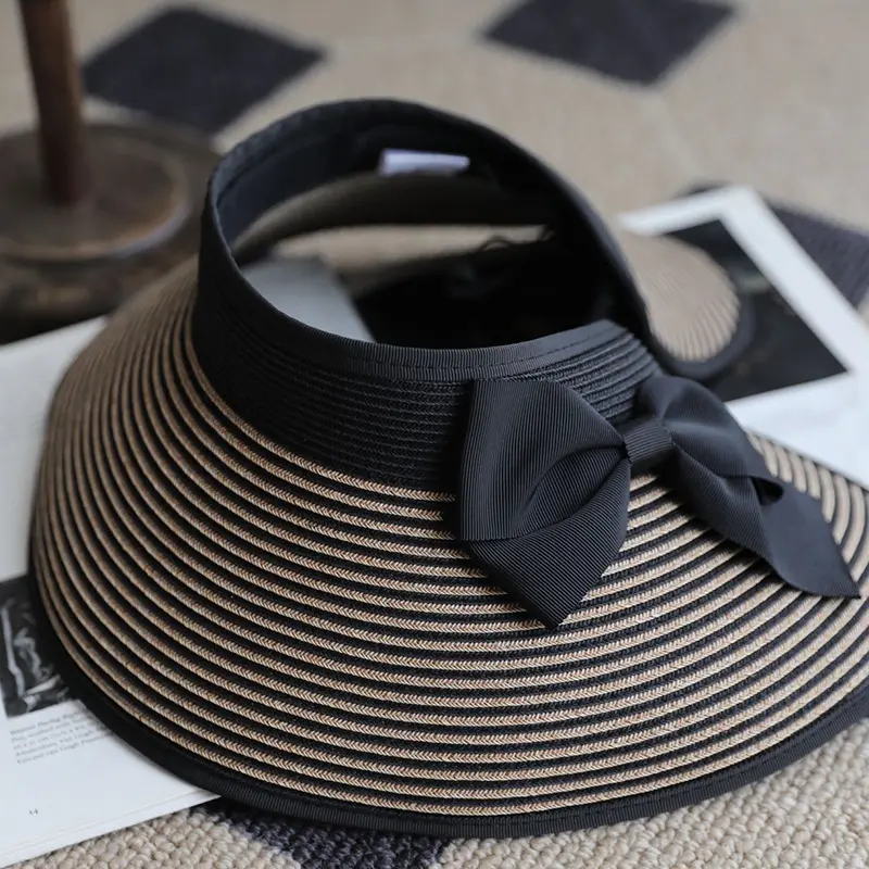 Foldable Japanese UV Resistant Large Eave Sunroof Hat with Butterfly Bow Grass Hat, Women's Summer Grass Woven Sun Hat