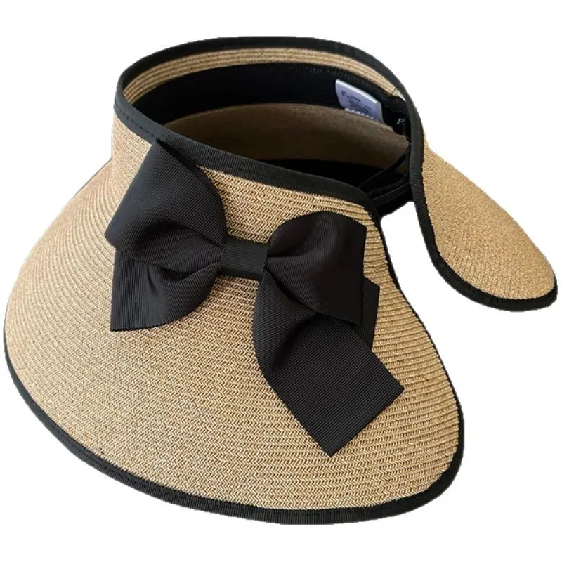Foldable Japanese UV Resistant Large Eave Sunroof Hat with Butterfly Bow Grass Hat, Women's Summer Grass Woven Sun Hat