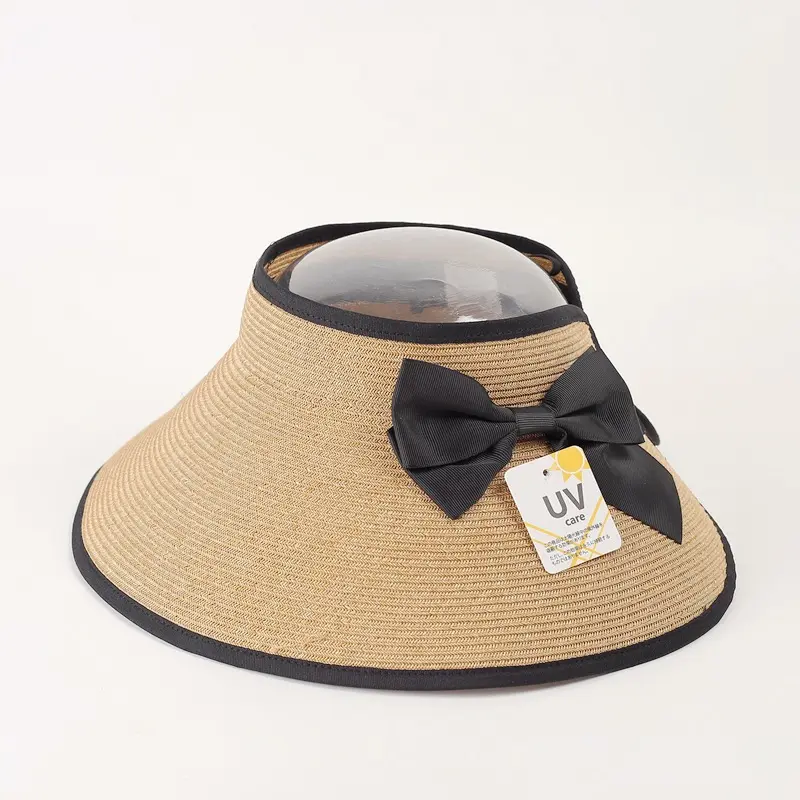 Foldable Japanese UV Resistant Large Eave Sunroof Hat with Butterfly Bow Grass Hat, Women's Summer Grass Woven Sun Hat