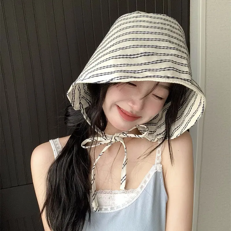 Summer New French Large brimmed Fisherman's Hat Striped Versatile Face Covering Water Bucket Sunscreen Hat