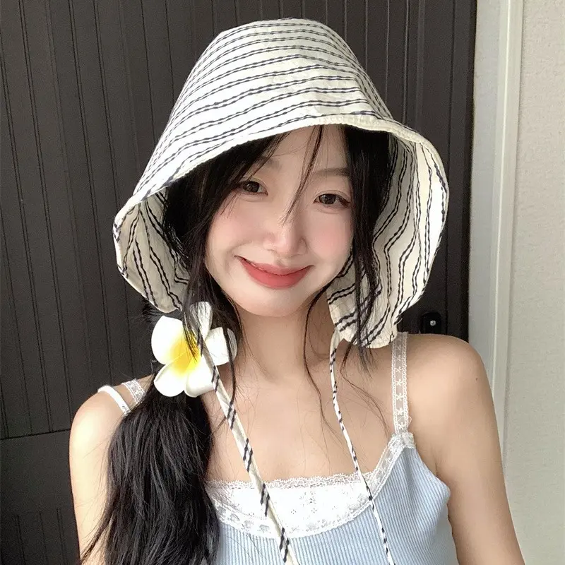 Summer New French Large brimmed Fisherman's Hat Striped Versatile Face Covering Water Bucket Sunscreen Hat
