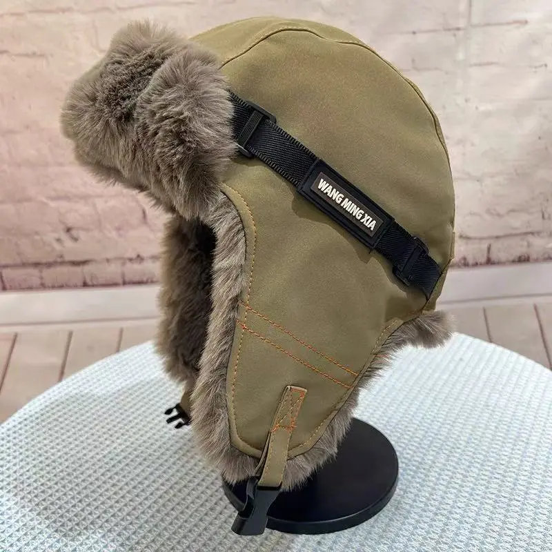 Retro Imitation Rabbit Fur Thick Lei Feng Hat, Autumn and Winter Leather Splicing Cycling Warm Windproof Ear Protection Hat