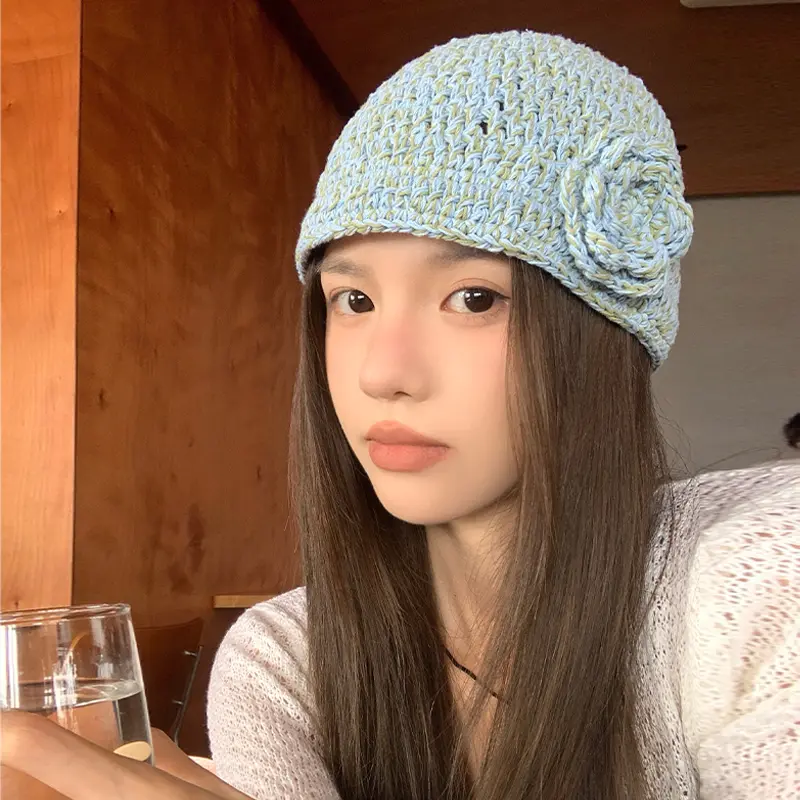 Korean Three-dimensional Flower Handmade Hat Knitted Women's Autumn and Winter Hat Fashionable and Versatile Wool Pullover Hat